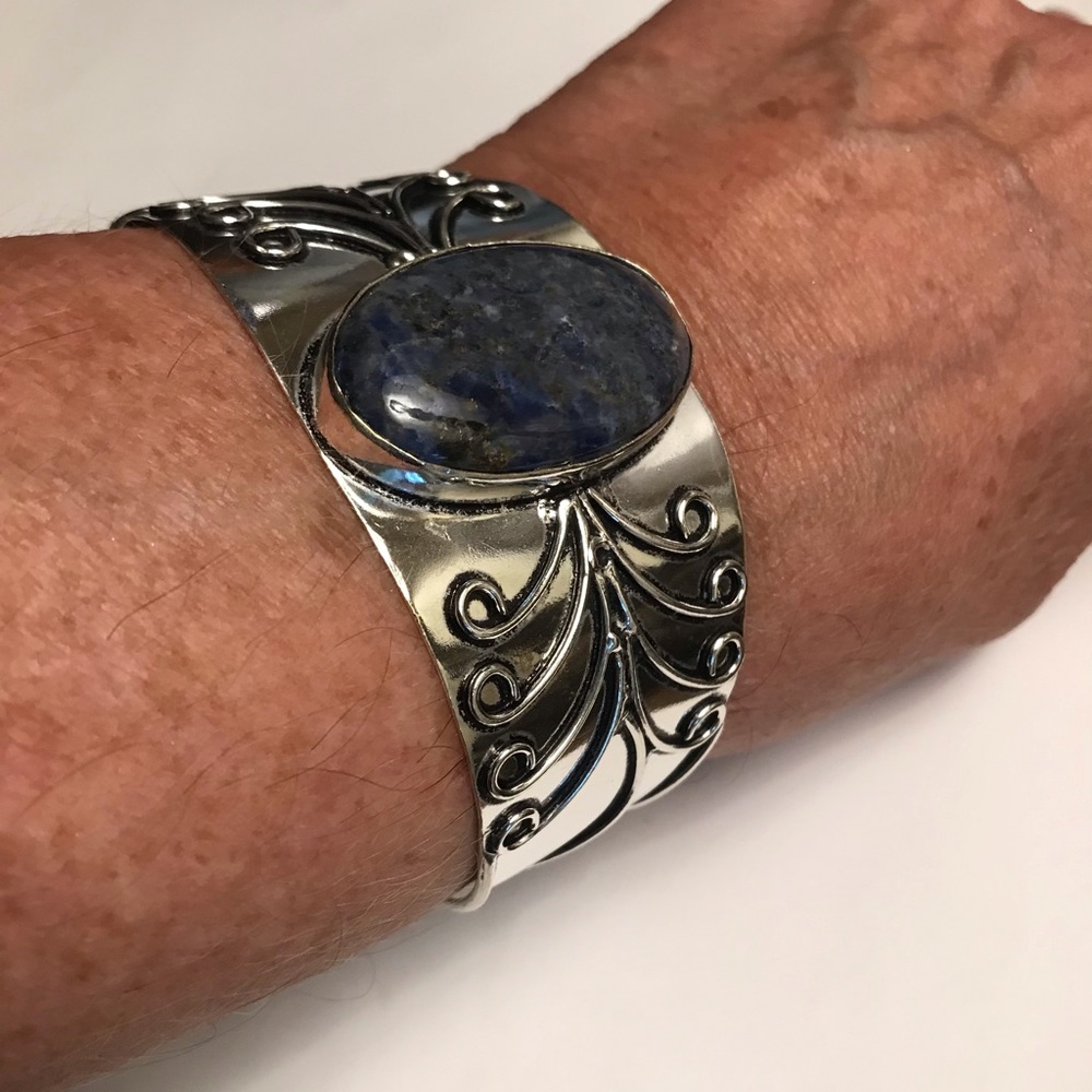 Lapis Lazuli Stamped Solid 925 Sterling Silver Cuff Bracelet